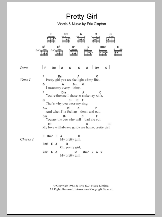 Eric Clapton Pretty Girl sheet music notes and chords. Download Printable PDF.