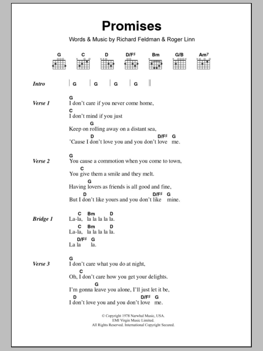 Learn to play Eric Clapton Promises sheet music for Guitar Chords/Lyrics in minutes. Price: 4.4900$ Eric Clapton Promises sheet music notes and chords arranged for Guitar Chords/Lyrics