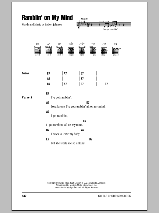 Eric Clapton Ramblin' On My Mind sheet music notes and chords arranged for Real Book – Melody, Lyrics & Chords