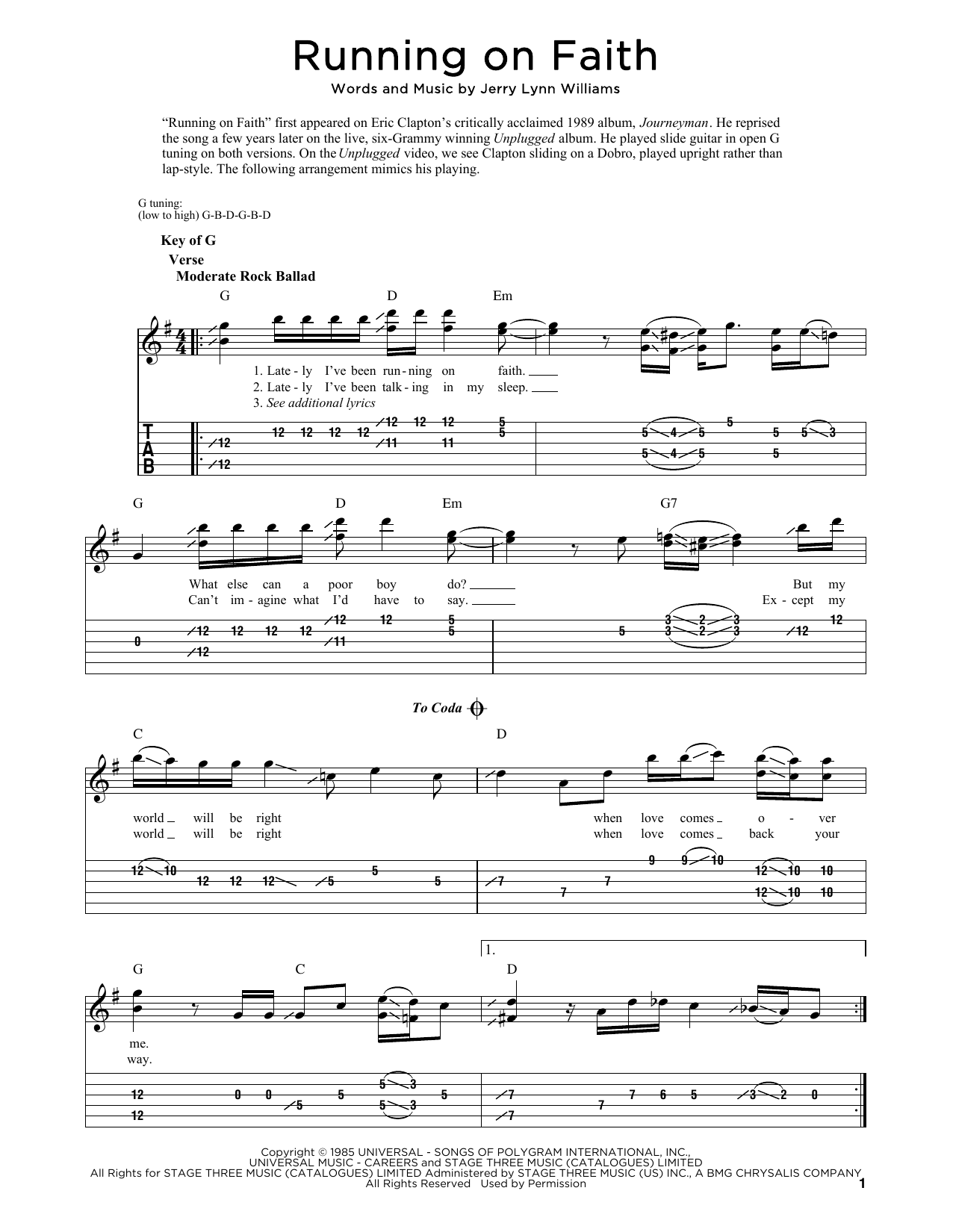 Eric Clapton Running On Faith sheet music notes and chords. Download Printable PDF.