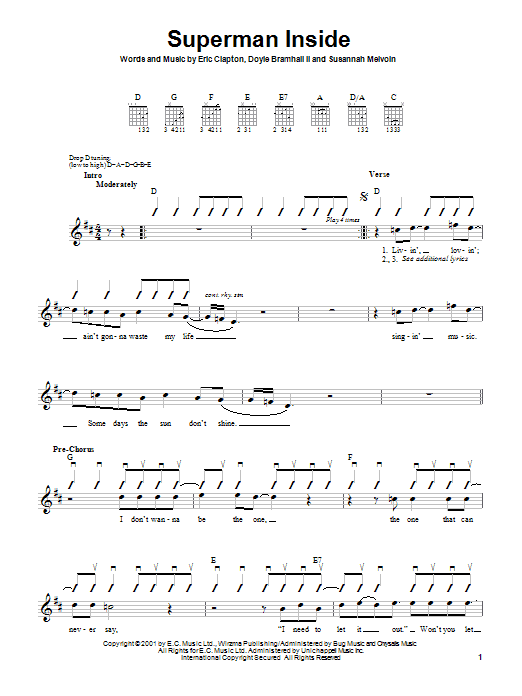 Eric Clapton Superman Inside sheet music notes and chords. Download Printable PDF.