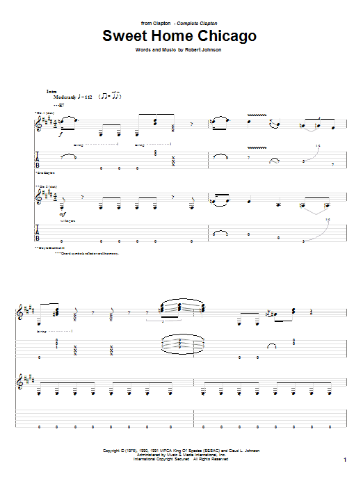 Eric Clapton Sweet Home Chicago sheet music notes and chords. Download Printable PDF.