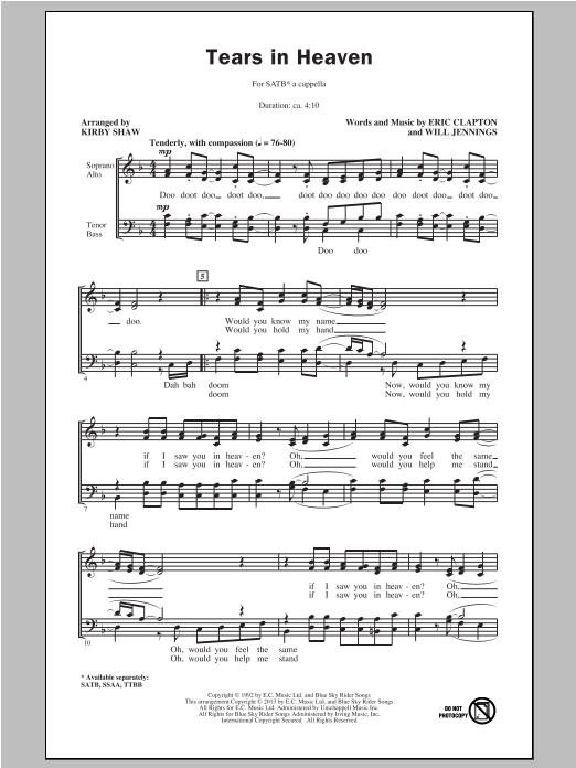 Eric Clapton Tears In Heaven (arr. Kirby Shaw) sheet music notes and chords arranged for SATB Choir