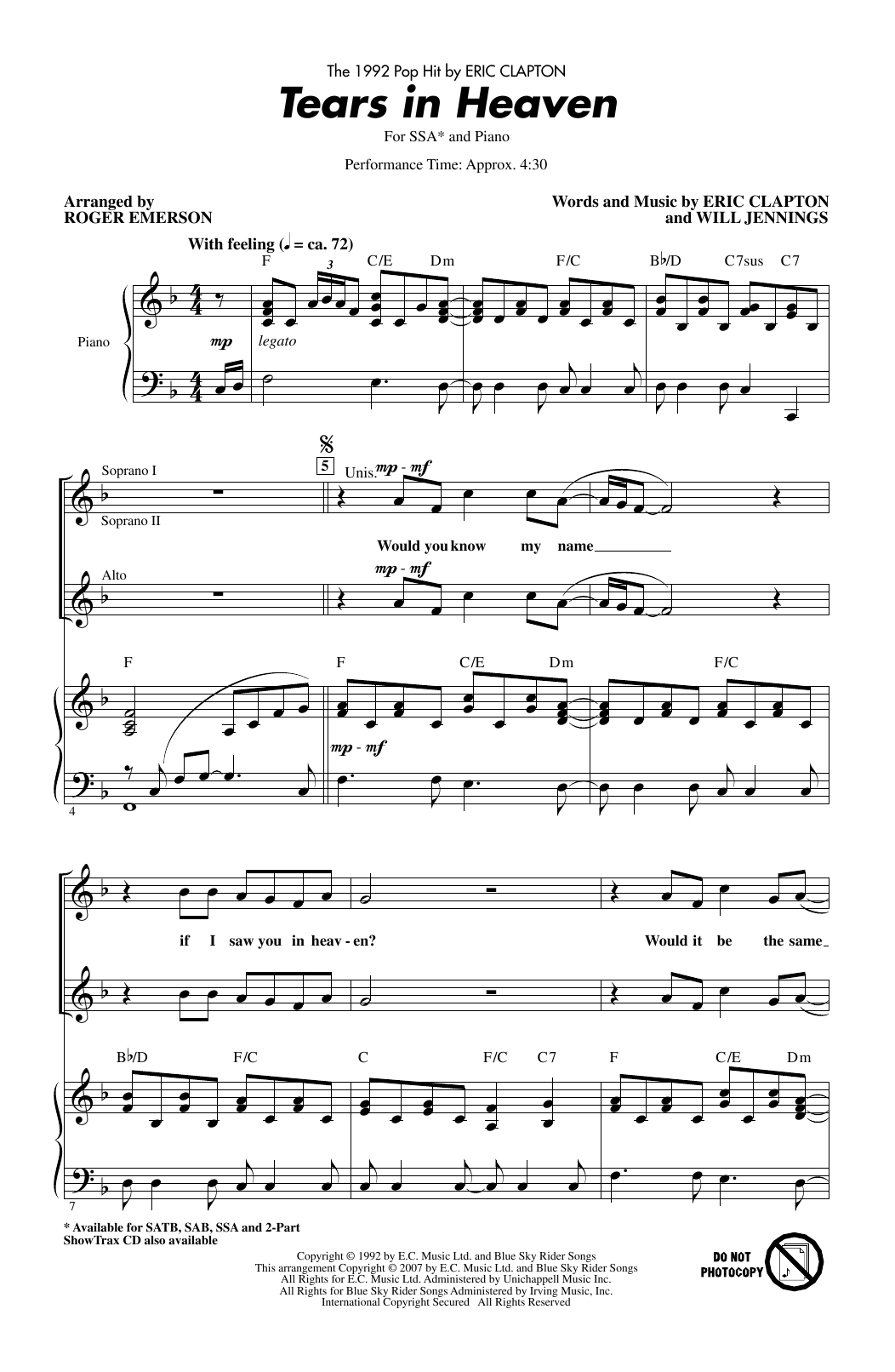 Learn to play Eric Clapton Tears In Heaven (arr. Roger Emerson) sheet music for SSA Choir in minutes. Price: 3.9900$ Eric Clapton Tears In Heaven (arr. Roger Emerson) sheet music notes and chords arranged for SSA Choir