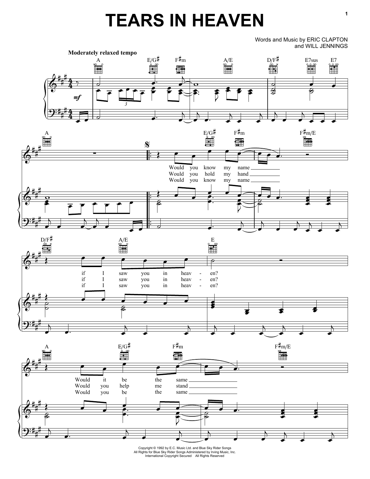 Eric Clapton Tears In Heaven sheet music notes and chords arranged for Tenor Sax Solo