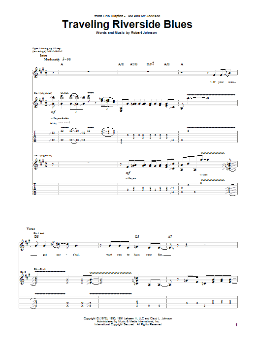 Learn to play Eric Clapton Traveling Riverside Blues sheet music for Guitar Tab in minutes. Price: 7.8900$ Eric Clapton Traveling Riverside Blues sheet music notes and chords arranged for Guitar Tab