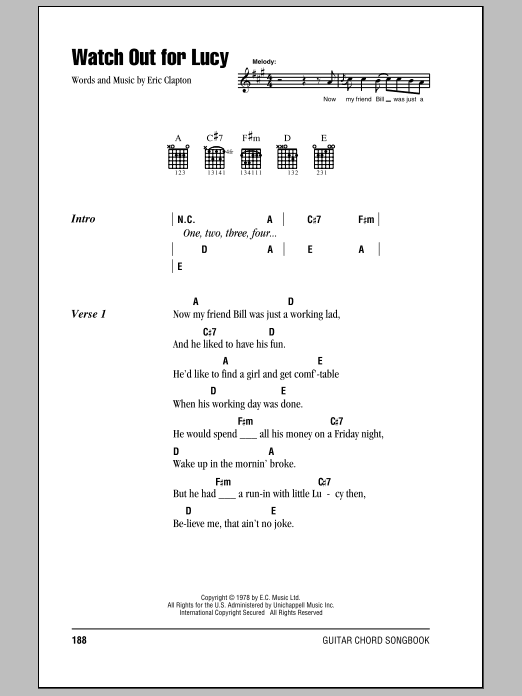 Eric Clapton Watch Out For Lucy sheet music notes and chords arranged for Guitar Tab