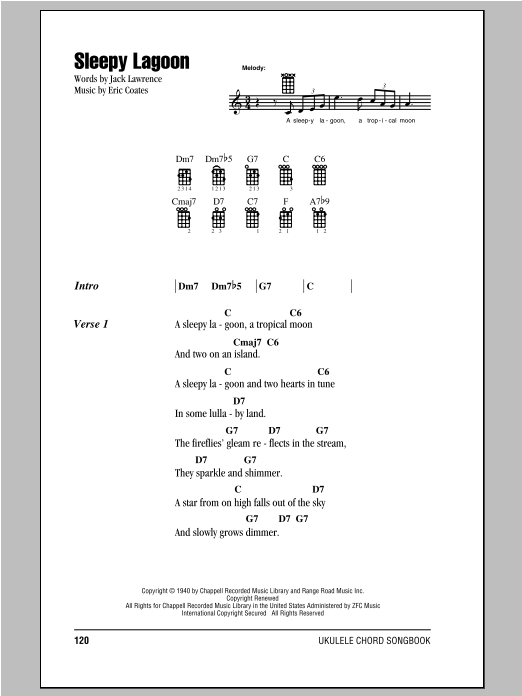 Eric Coates Sleepy Lagoon sheet music notes and chords arranged for Ukulele Ensemble