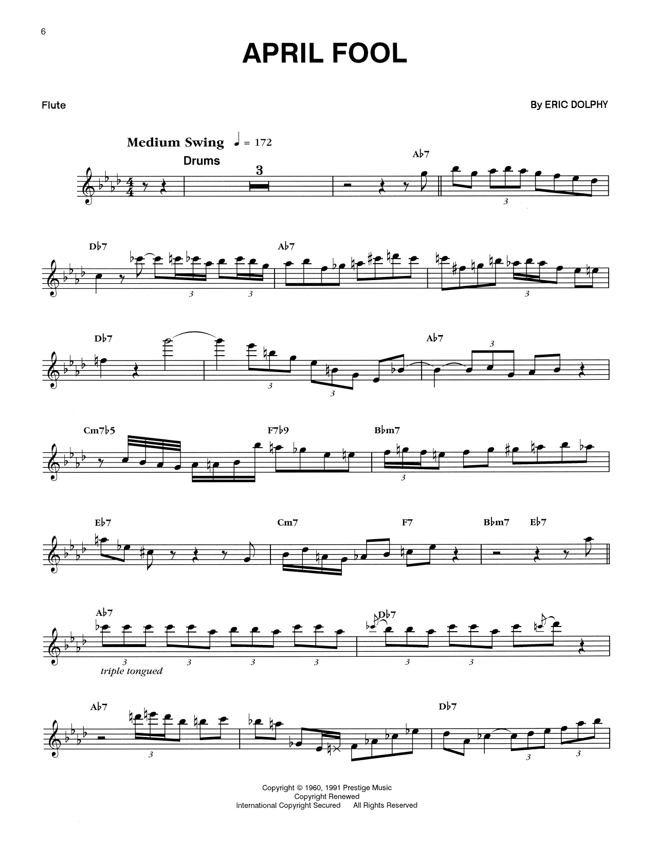 Learn to play Eric Dolphy April Fool sheet music for Flute Transcription in minutes. Price: 5.9900$ Eric Dolphy April Fool sheet music notes and chords arranged for Flute Transcription
