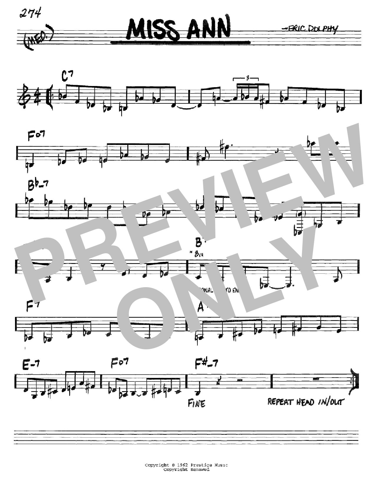 Eric Dolphy Miss Ann sheet music notes and chords arranged for Real Book – Melody & Chords – C Instruments