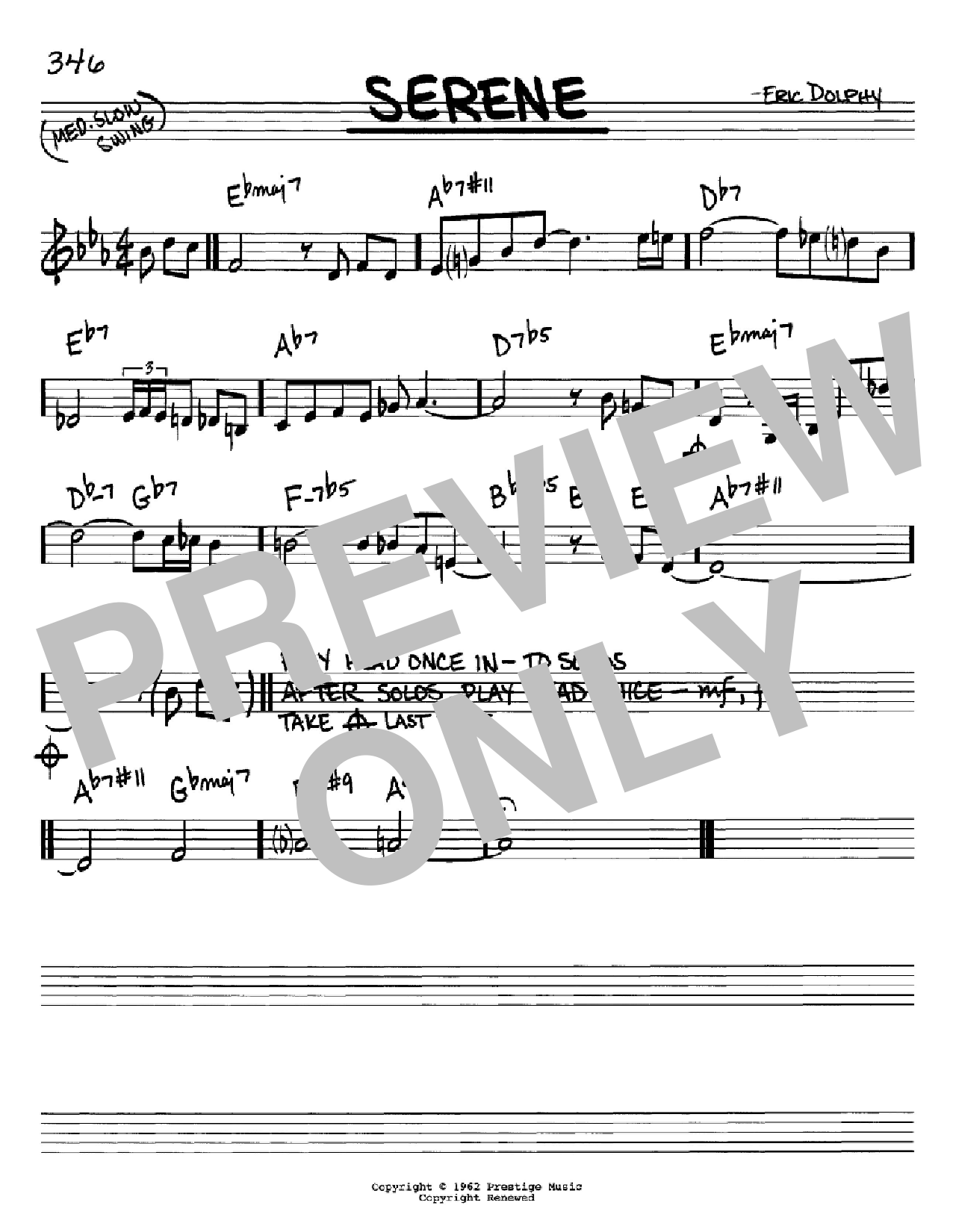 Learn to play Eric Dolphy Serene sheet music for Real Book – Melody & Chords – Bass Clef Instruments in minutes. Price: 5.9900$ Eric Dolphy Serene sheet music notes and chords arranged for Real Book – Melody & Chords – Bass Clef Instruments