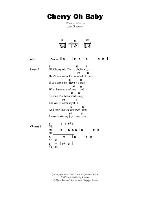 Eric Donaldson Cherry Oh Baby sheet music notes and chords arranged for Guitar Chords/Lyrics