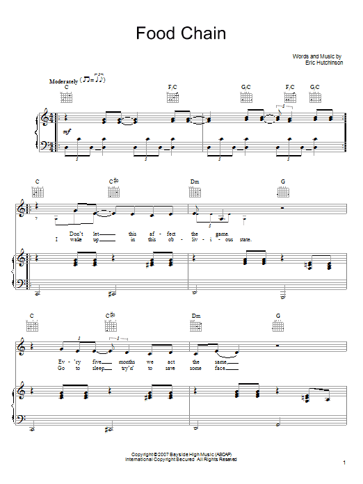 Learn to play Eric Hutchinson Food Chain sheet music for Piano, Vocal & Guitar Chords (Right-Hand Melody) in minutes. Price: 7.8900$ Eric Hutchinson Food Chain sheet music notes and chords arranged for Piano, Vocal & Guitar Chords (Right-Hand Melody)