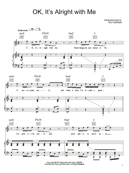 Eric Hutchinson OK, It's Alright With Me sheet music notes and chords. Download Printable PDF.