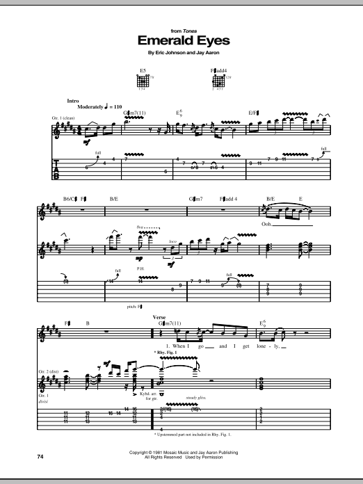 Eric Johnson Emerald Eyes sheet music notes and chords. Download Printable PDF.