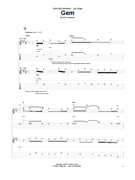 Eric Johnson Gem sheet music notes and chords arranged for Guitar Tab