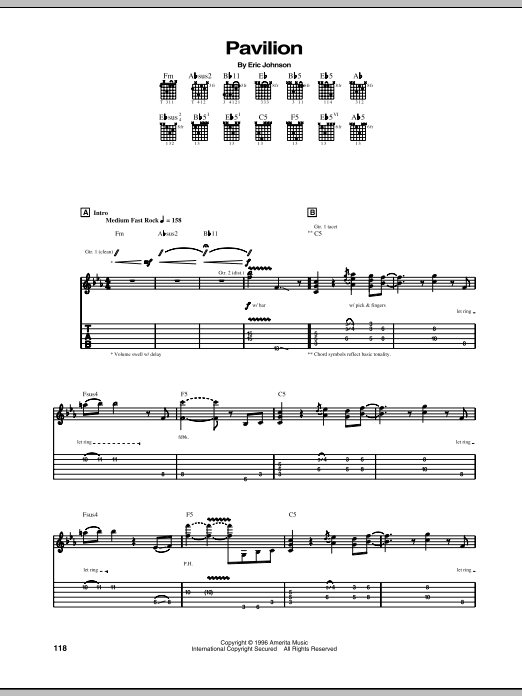 Learn to play Eric Johnson Pavilion sheet music for Guitar Tab in minutes. Price: 6.9900$ Eric Johnson Pavilion sheet music notes and chords arranged for Guitar Tab