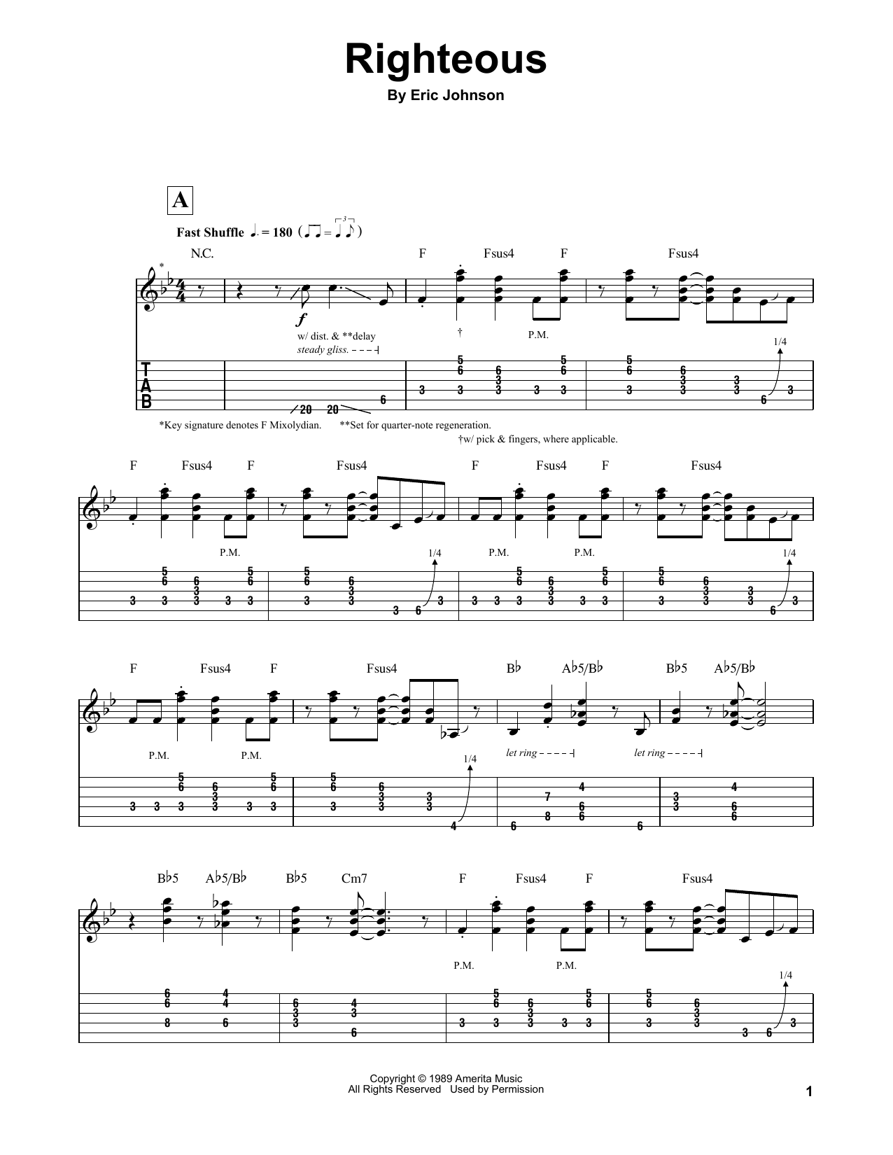 Eric Johnson Righteous sheet music notes and chords. Download Printable PDF.