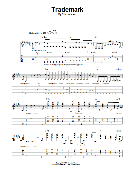 Eric Johnson Trademark sheet music notes and chords. Download Printable PDF.