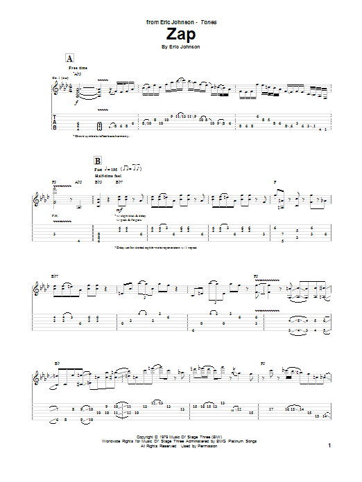 Learn to play Eric Johnson Zap sheet music for Guitar Tab in minutes. Price: 7.8900$ Eric Johnson Zap sheet music notes and chords arranged for Guitar Tab