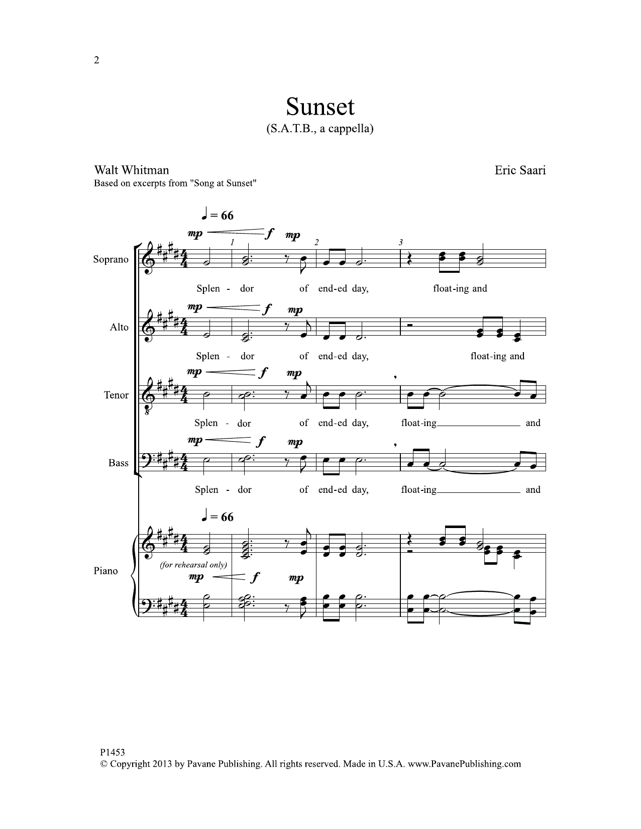 Learn to play Eric Saari Sunset sheet music for SATB Choir in minutes. Price: 3.9900$ Eric Saari Sunset sheet music notes and chords arranged for SATB Choir