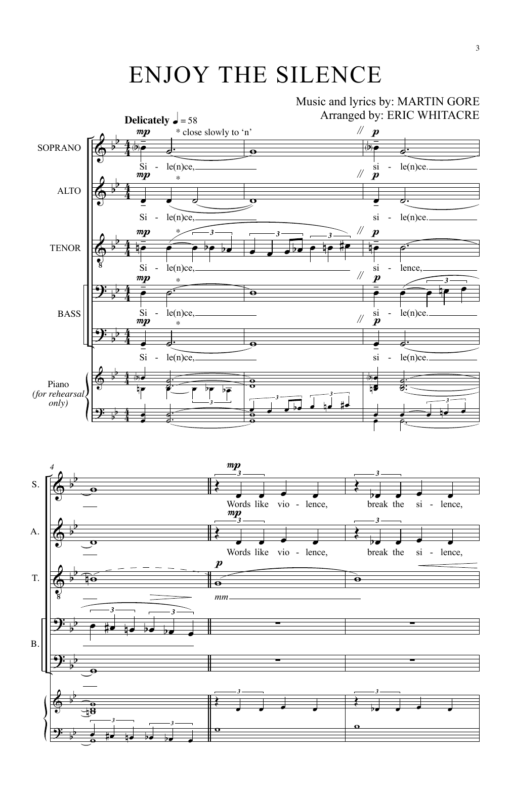 Eric Whitacre Enjoy The Silence sheet music notes and chords. Download Printable PDF.