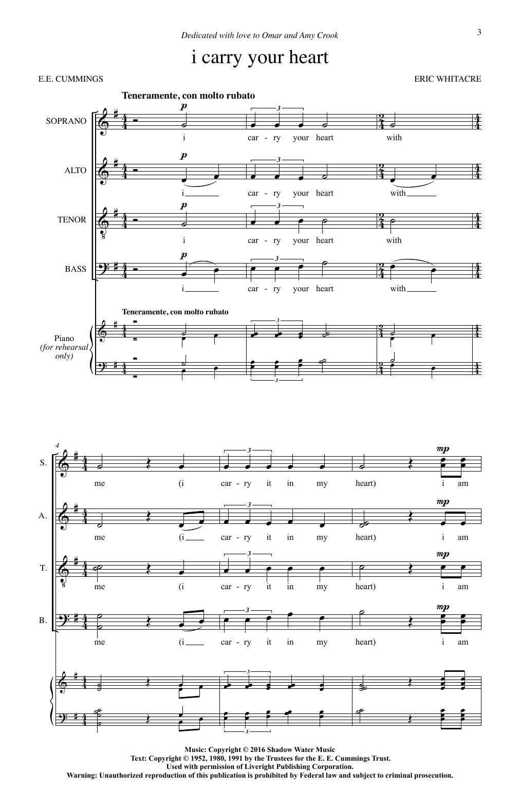 Learn to play Eric Whitacre i carry your heart sheet music for SATB Choir in minutes. Price: 3.9900$ Eric Whitacre i carry your heart sheet music notes and chords arranged for SATB Choir
