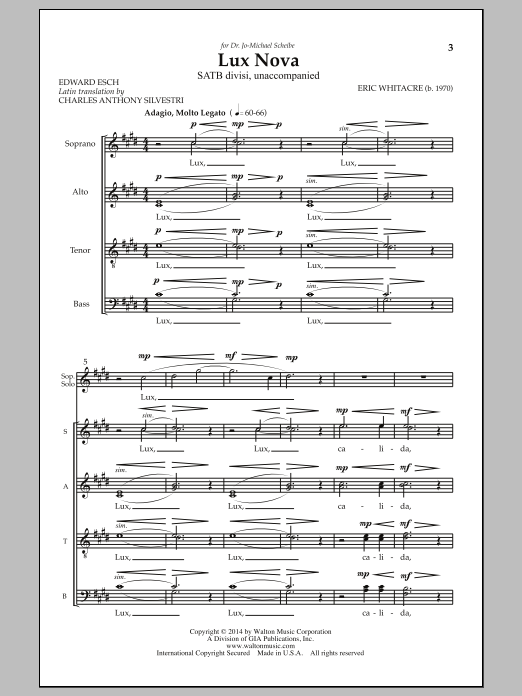 Learn to play Eric Whitacre Lux Nova sheet music for SATB Choir in minutes. Price: 3.9900$ Eric Whitacre Lux Nova sheet music notes and chords arranged for SATB Choir