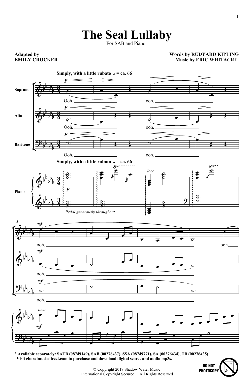 Eric Whitacre The Seal Lullaby (arr. Emily Crocker) sheet music notes and chords. Download Printable PDF.