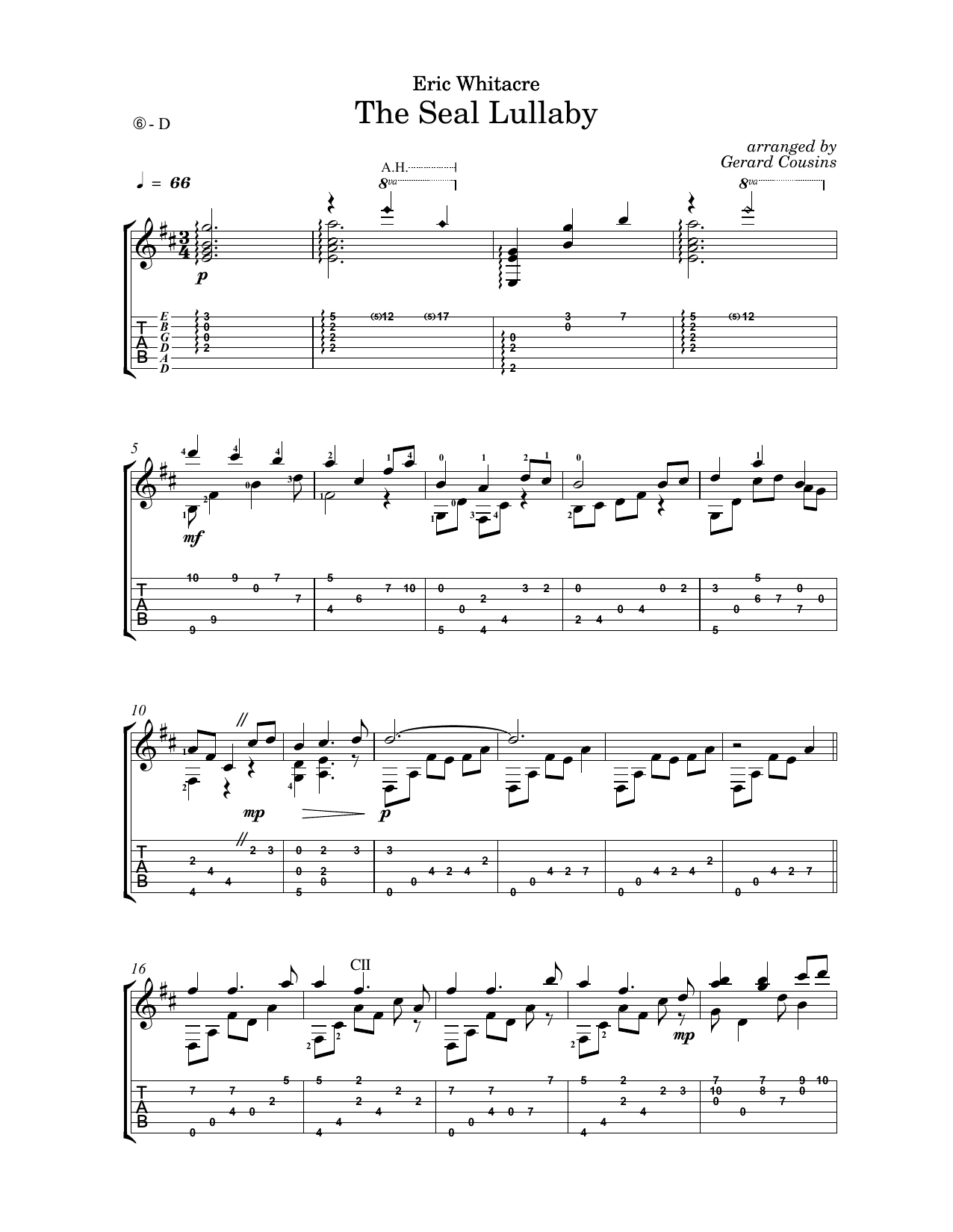 Learn to play Eric Whitacre The Seal Lullaby (arr. Gerard Cousins) sheet music for Solo Guitar in minutes. Price: 6.9900$ Eric Whitacre The Seal Lullaby (arr. Gerard Cousins) sheet music notes and chords arranged for Solo Guitar