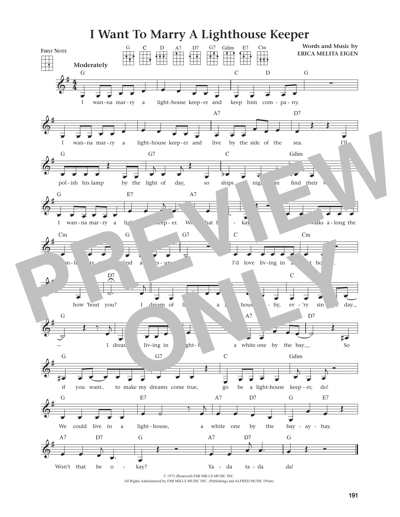 Erica Melita Eigen I Want To Marry A Lighthouse Keeper (from The Daily Ukulele) (arr. Jim Beloff) sheet music notes and chords. Download Printable PDF.