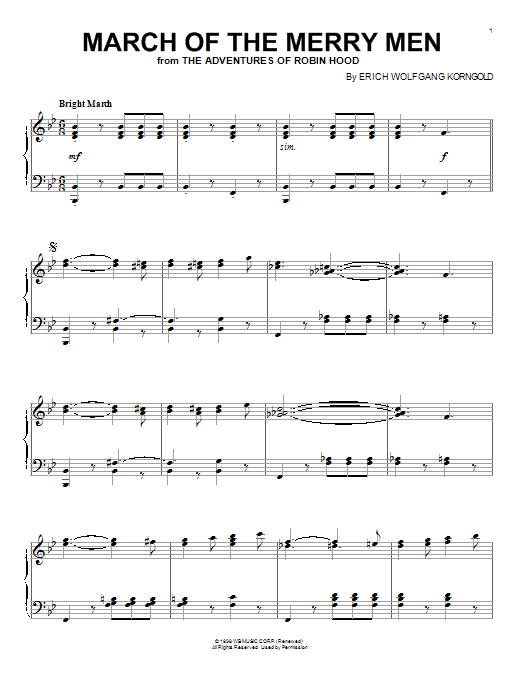 Learn to play Erich Wolfgang Korngold March Of The Merry Men sheet music for Piano Solo in minutes. Price: 7.8900$ Erich Wolfgang Korngold March Of The Merry Men sheet music notes and chords arranged for Piano Solo