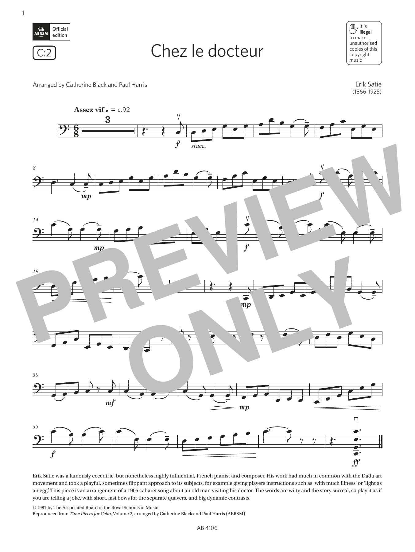 Learn to play Erik Satie Chez le docteur (Grade 3, C2, from the ABRSM Cello Syllabus from 2024) sheet music for Cello Solo in minutes. Price: 5.9900$ Erik Satie Chez le docteur (Grade 3, C2, from the ABRSM Cello Syllabus from 2024) sheet music notes and chords arranged for Cello Solo