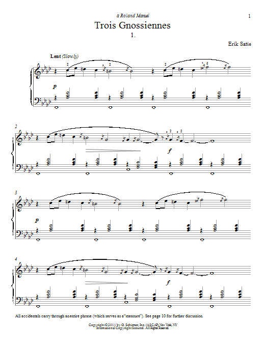 Erik Satie Gnossienne No. 1 sheet music notes and chords. Download Printable PDF.