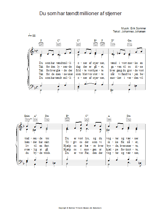 Erik Sommer Du Som Har Tændt Millioner Af Stjerner sheet music notes and chords arranged for Piano, Vocal & Guitar Chords