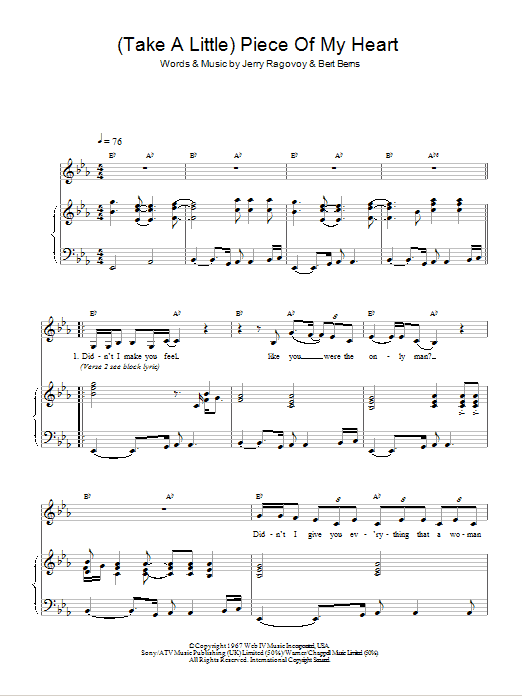 Erma Franklin (Take A Little) Piece Of My Heart sheet music notes and chords. Download Printable PDF.