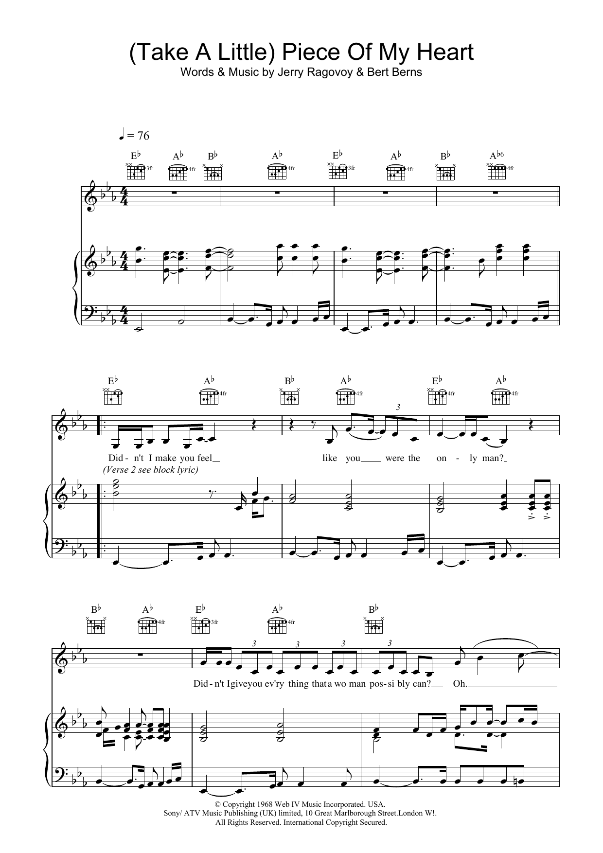 Erma Franklin (Take A Little) Piece Of My Heart sheet music notes and chords. Download Printable PDF.