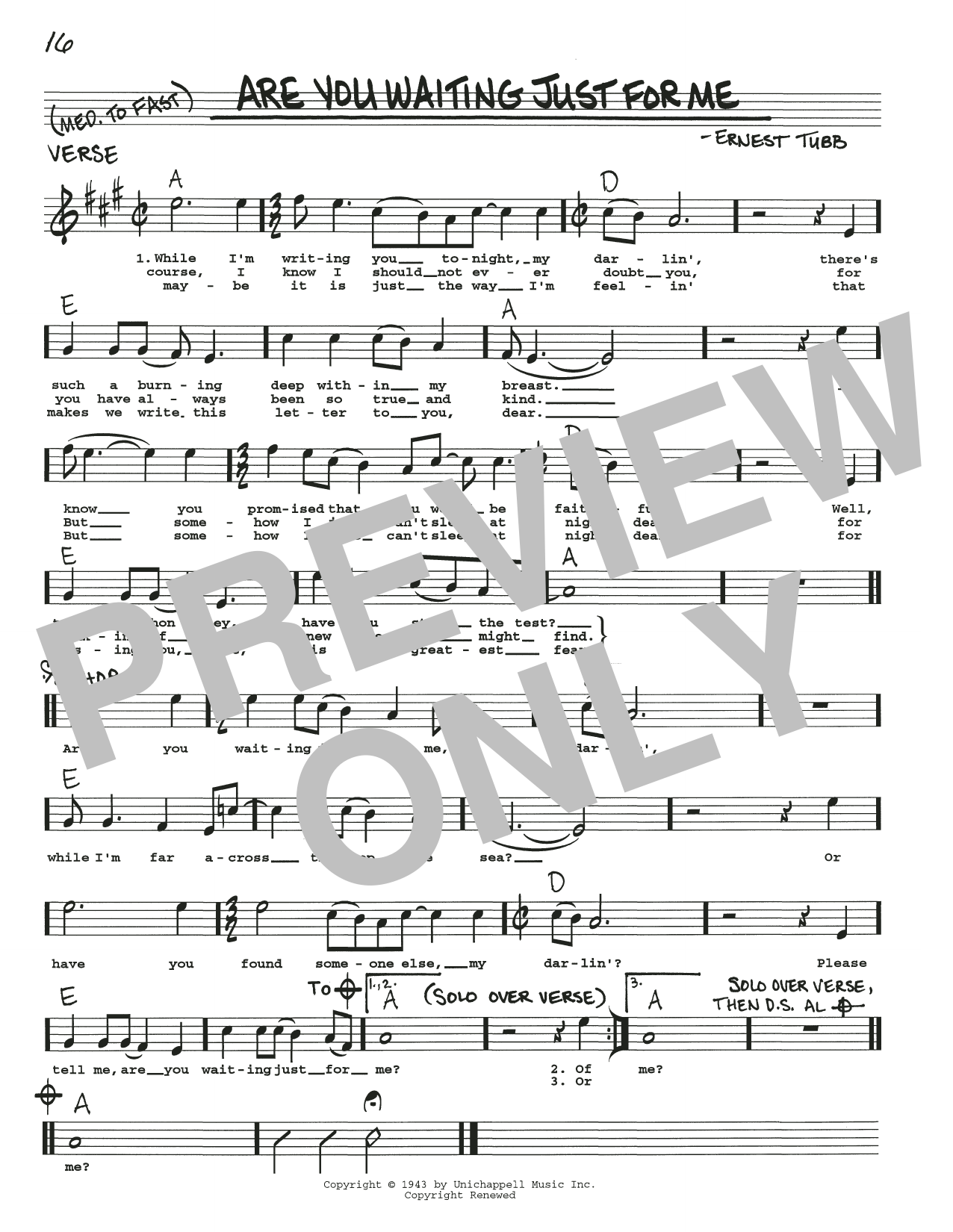 Ernest Tubb Are You Waiting Just For Me sheet music notes and chords arranged for Real Book – Melody, Lyrics & Chords