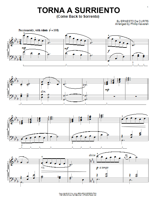 Ernesto De Curtis Come Back To Sorrento sheet music notes and chords arranged for Piano Solo