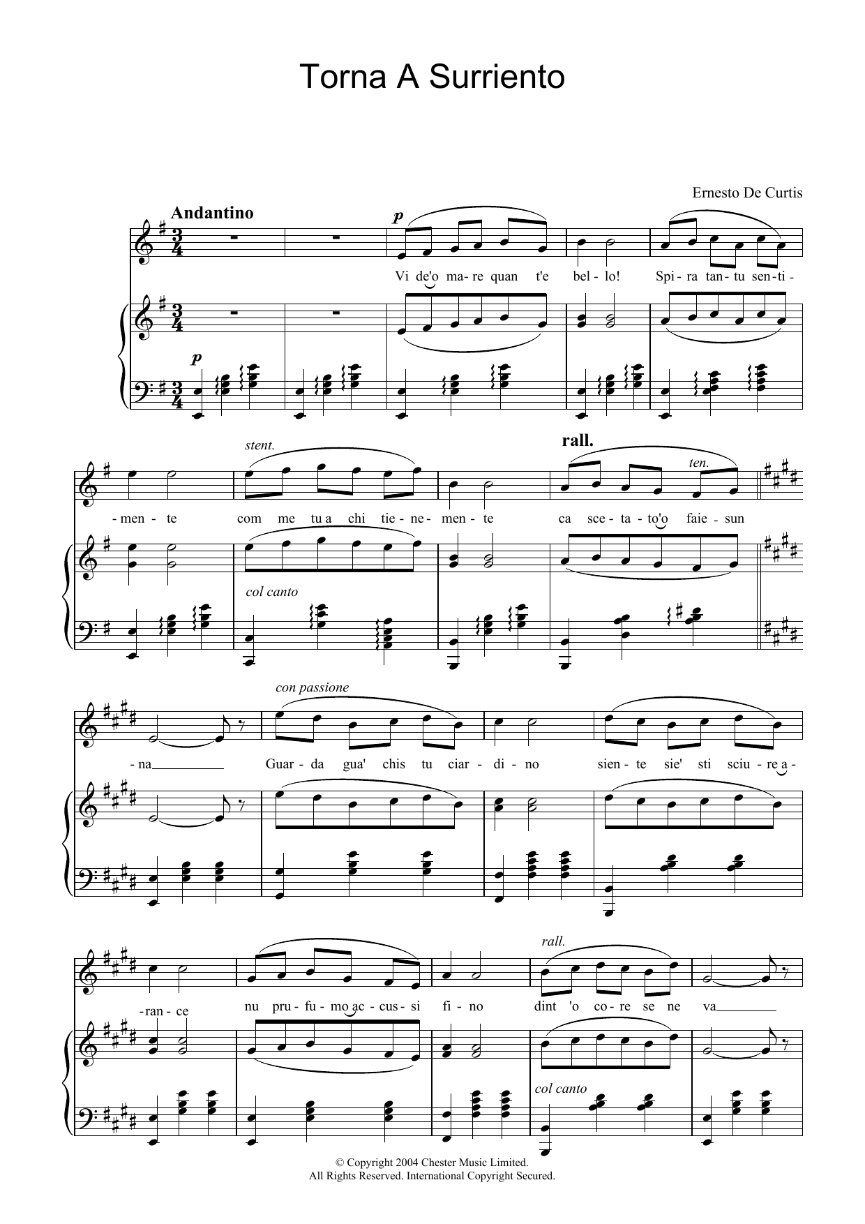 Ernesto De Curtis Torna A Surriento sheet music notes and chords. Download Printable PDF.