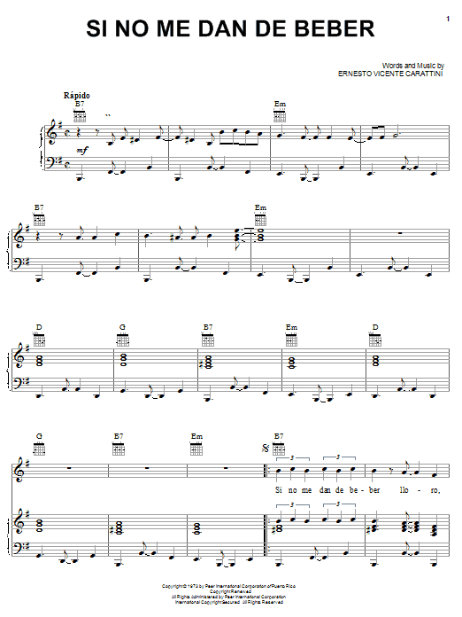 Ernesto Vicente Carattini Si No Me Dan De Beber sheet music notes and chords arranged for Piano, Vocal & Guitar Chords (Right-Hand Melody)