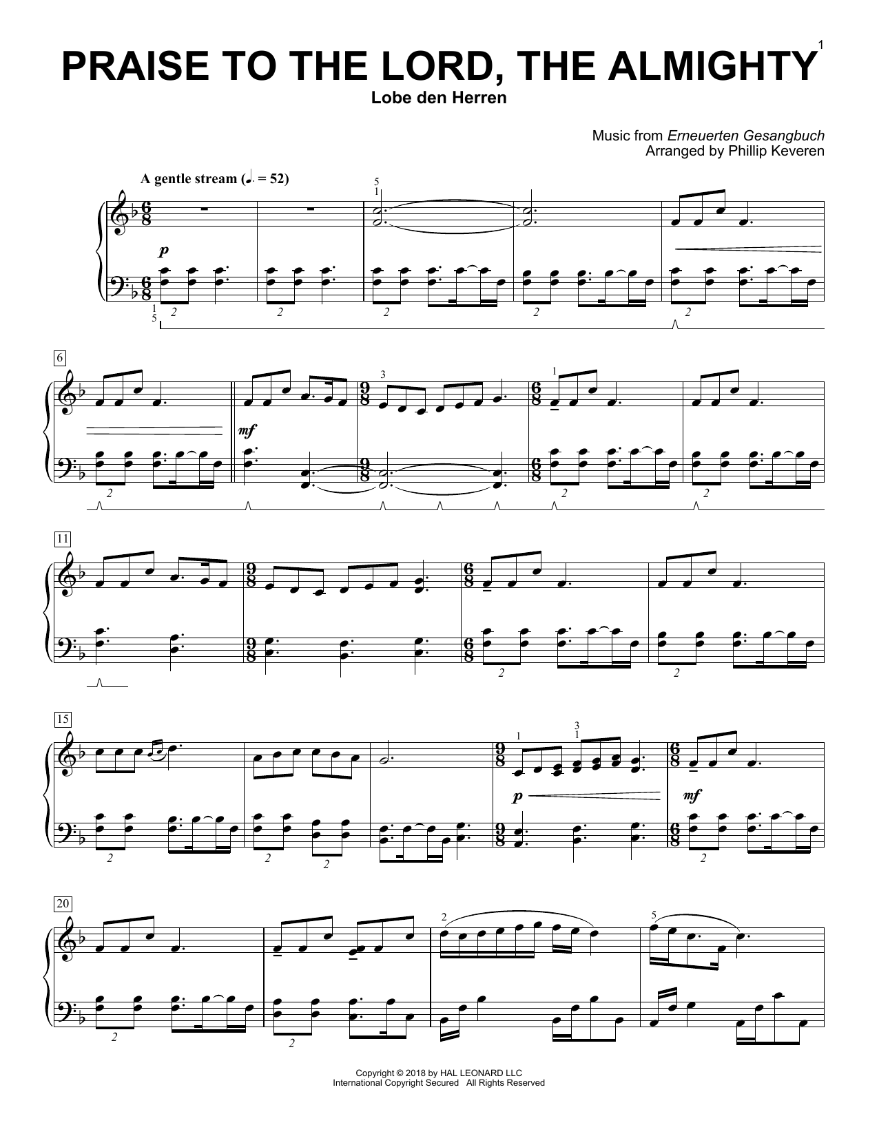 Erneuerten Gesangbuch Praise To The Lord, The Almighty (arr. Phillip Keveren) sheet music notes and chords. Download Printable PDF.