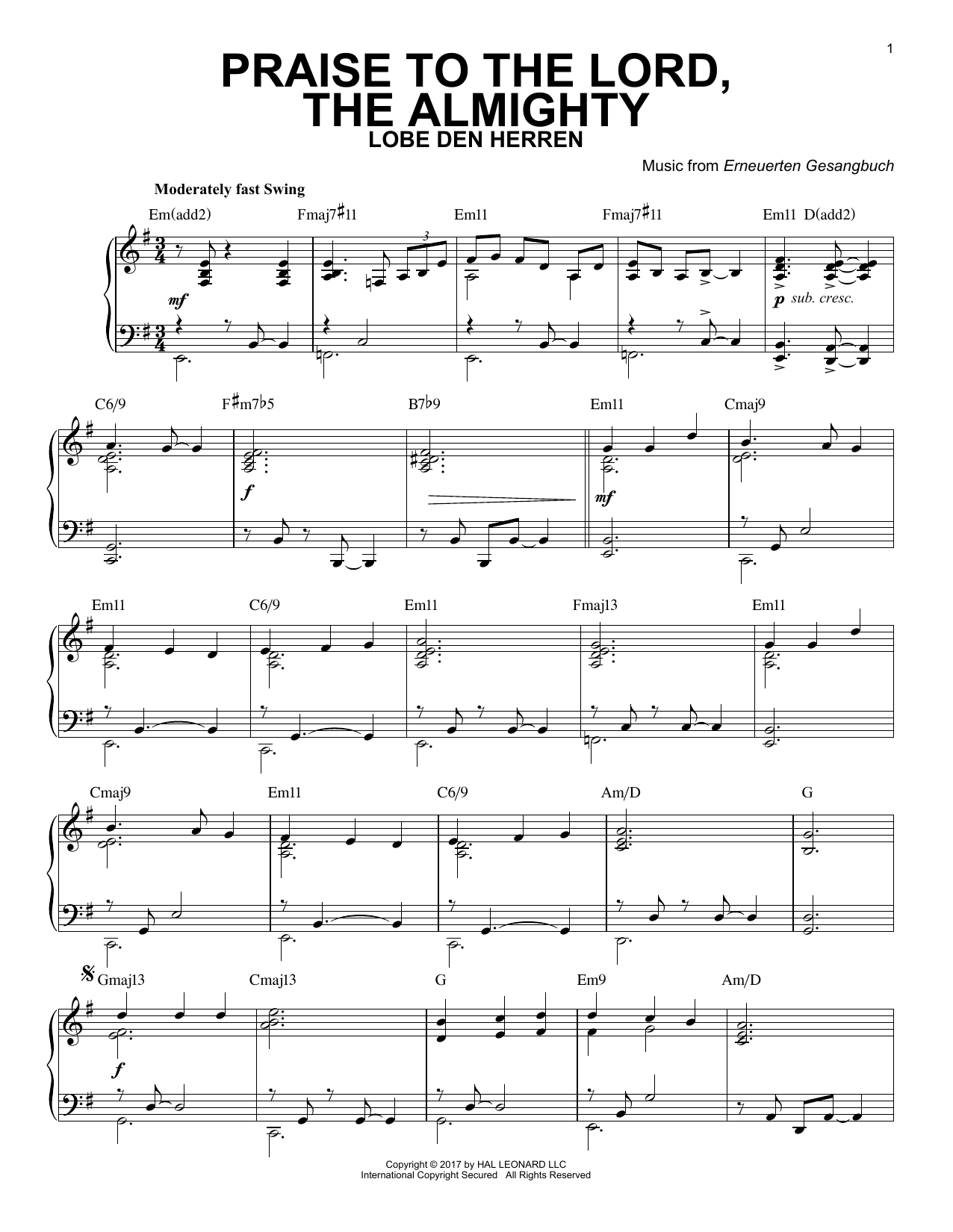 Erneuerten Gesangbuch Praise To The Lord, The Almighty [Jazz version] sheet music notes and chords. Download Printable PDF.