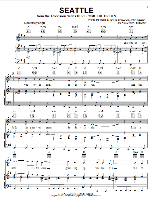 Learn to play Ernie Sheldon Seattle (from the TV Series Here Come The Brides) sheet music for Piano, Vocal & Guitar Chords (Right-Hand Melody) in minutes. Price: 7.8900$ Ernie Sheldon Seattle (from the TV Series Here Come The Brides) sheet music notes and chords arranged for Piano, Vocal & Guitar Chords (Right-Hand Melody)