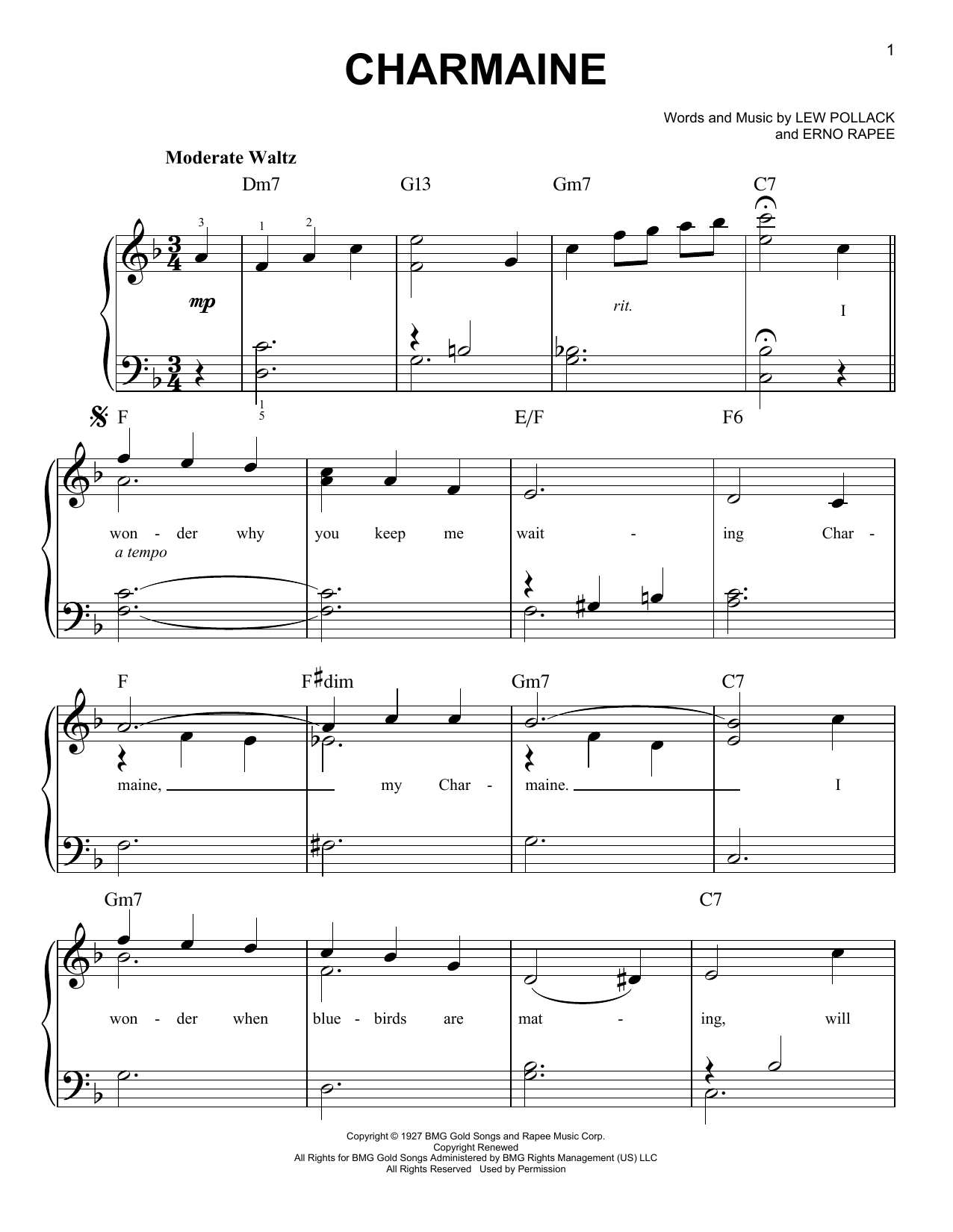 Erno Rapee Charmaine sheet music notes and chords arranged for Easy Piano