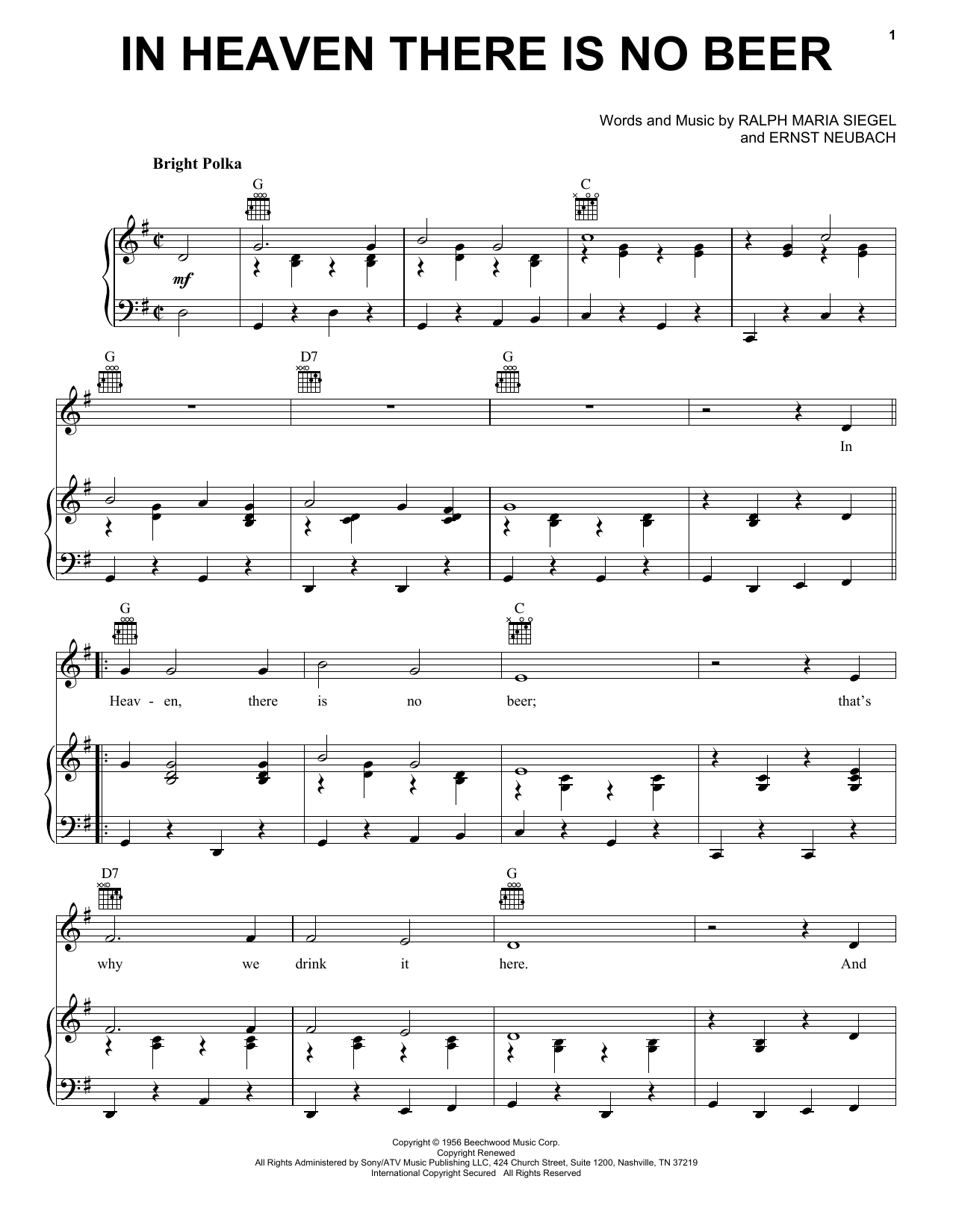 Ernst Neubach In Heaven There Is No Beer sheet music notes and chords. Download Printable PDF.