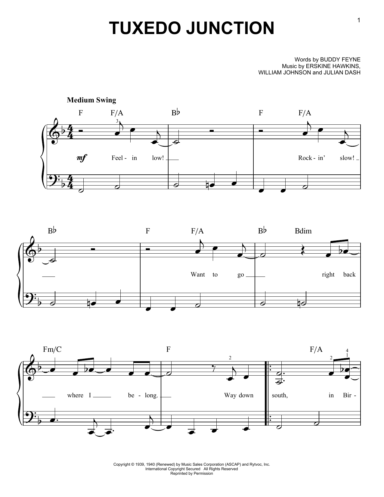 Erskine Hawkins Tuxedo Junction sheet music notes and chords arranged for Easy Piano