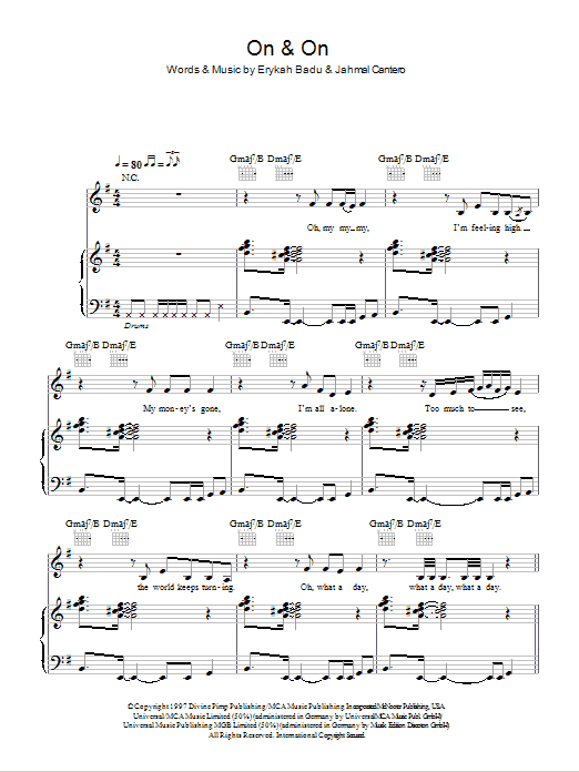 Erykah Badu On & On sheet music notes and chords arranged for Piano, Vocal & Guitar Chords