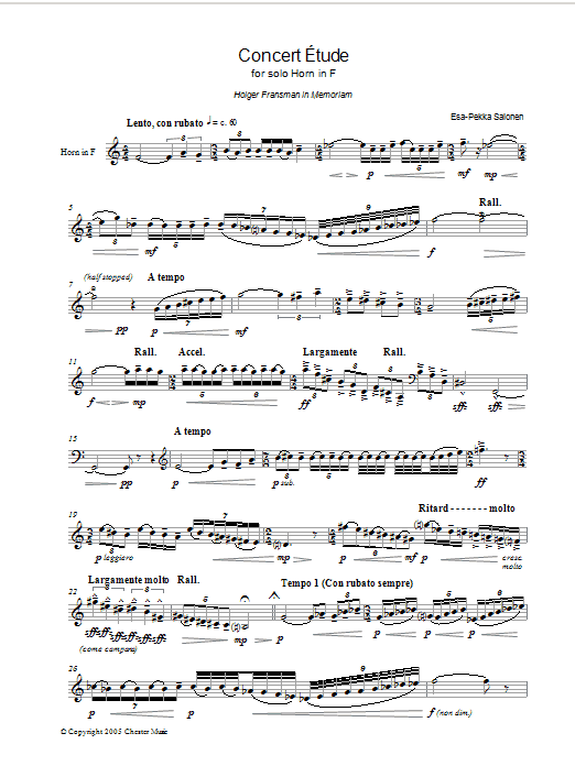Learn to play Esa-Pekka Salonen Concert Etude For Solo Horn In F sheet music for Piano, Vocal & Guitar Chords in minutes. Price: 7.8900$ Esa-Pekka Salonen Concert Etude For Solo Horn In F sheet music notes and chords arranged for Piano, Vocal & Guitar Chords