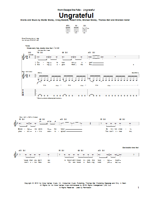 Learn to play Escape the Fate Ungrateful sheet music for Guitar Tab in minutes. Price: 7.8900$ Escape the Fate Ungrateful sheet music notes and chords arranged for Guitar Tab